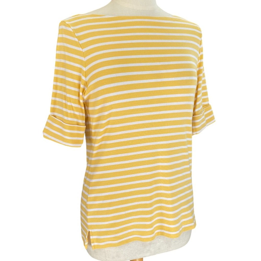 Chaps Nautical Striped Coastal Sailor Cuffed Sleeve Yellow Preppy Coastal Top-L